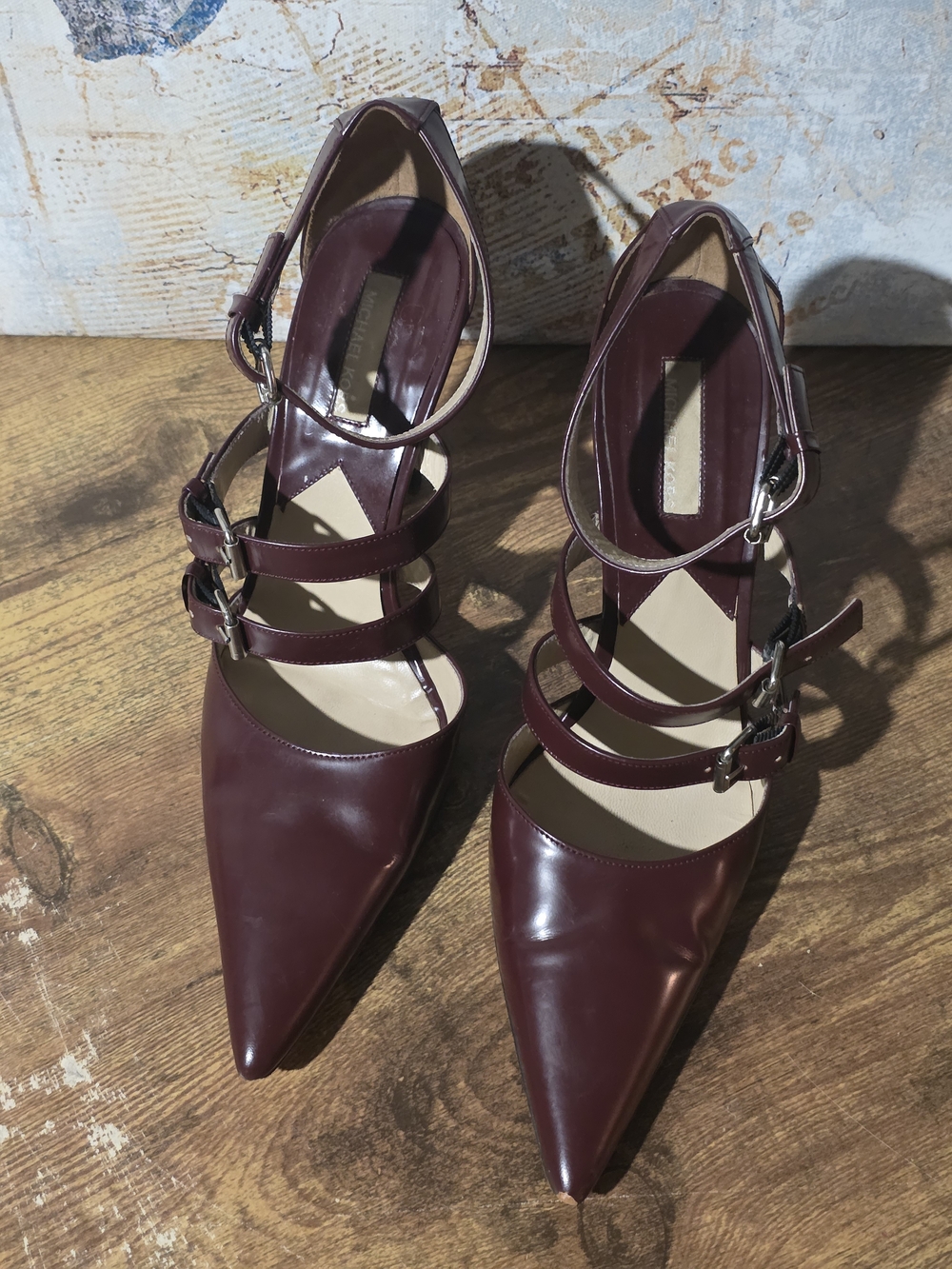Michael Kors Pointed Triple-Strap Pumps in Burgundy